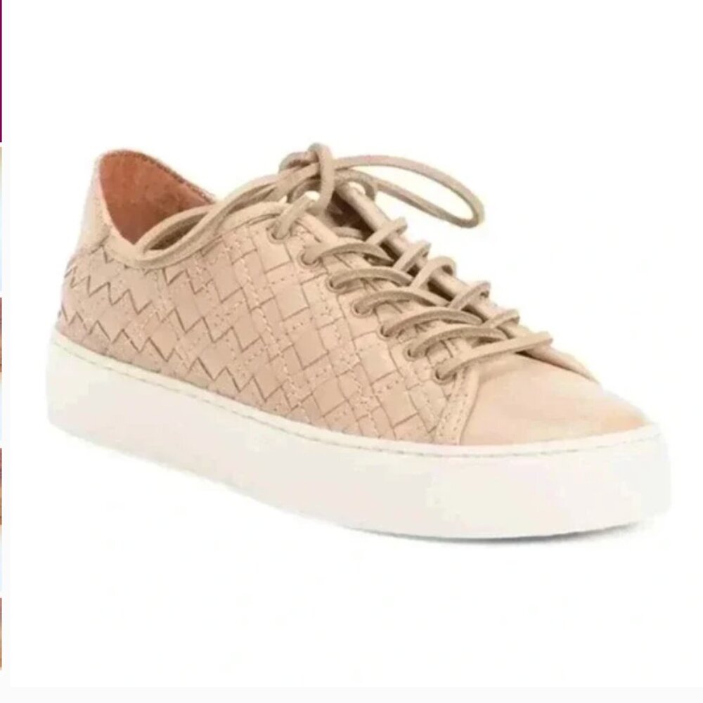 Frye Lena Woven Low Lace Fashion Sneakers Leather Tan Cream Women's 10